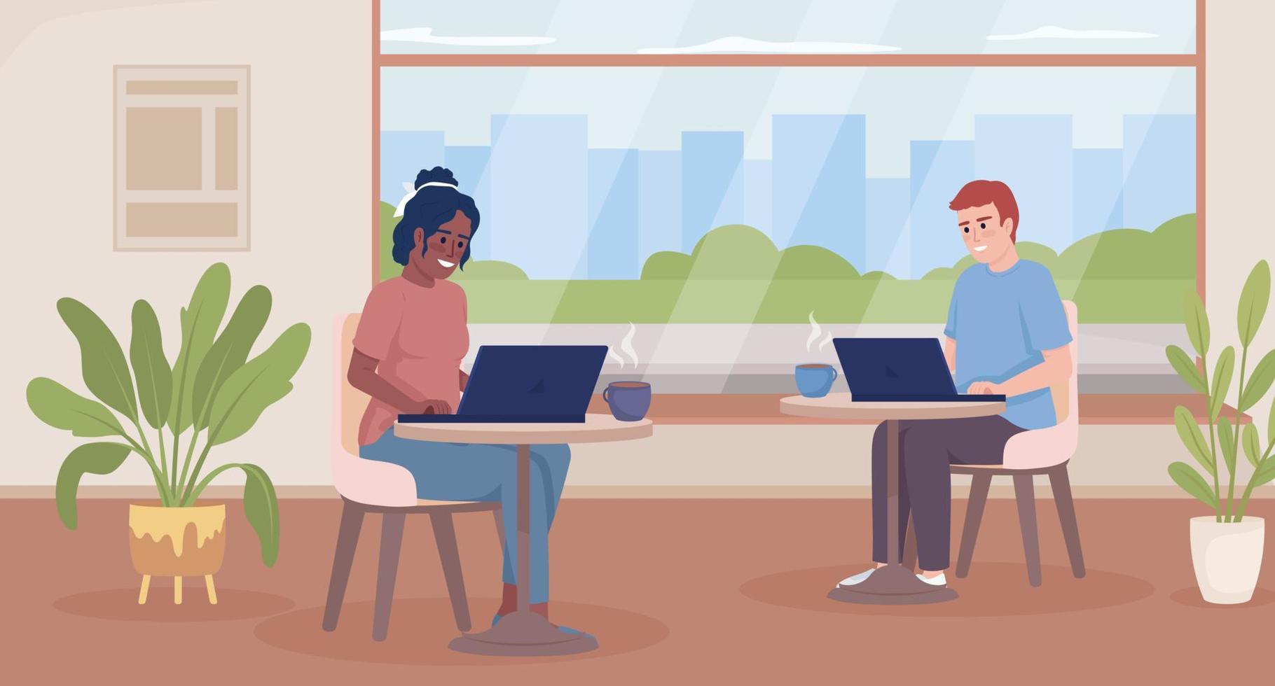 coworking-in-coffee-shop-flat-color-illustration-remote-workers-typing-on-laptops-self-employed-freelancers-fully-editable-2d-simple-cartoon-characters-with-cafe-interi